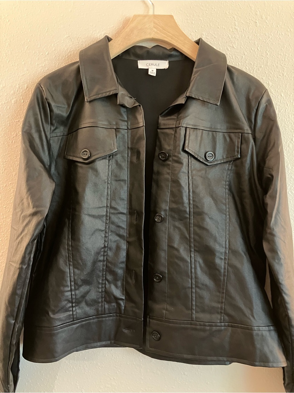 Anthropologie Cerule Black Faux Leather Jean Jacket Button Down Medium NWOT - Picture 5 of 11
